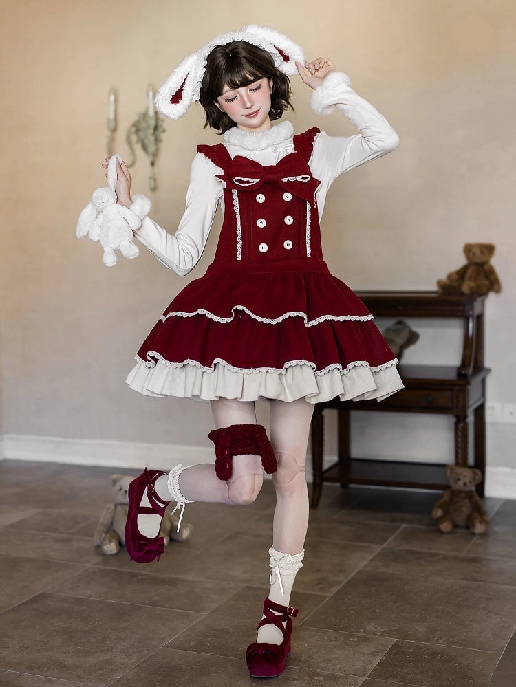 Sweet Winter Lolita Tiered Overall Dress in Red with Bunny Ear Hairband - With PUJI | CoyBunny