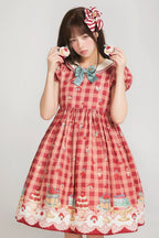 Red High-Waisted Cherry and Dessert Sweet Lolita Gingham Dress | CoyBunny