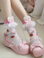 Sweet Lolita Strawberry-Print Socks with Bunny Ears and Lace Trim | CoyBunny