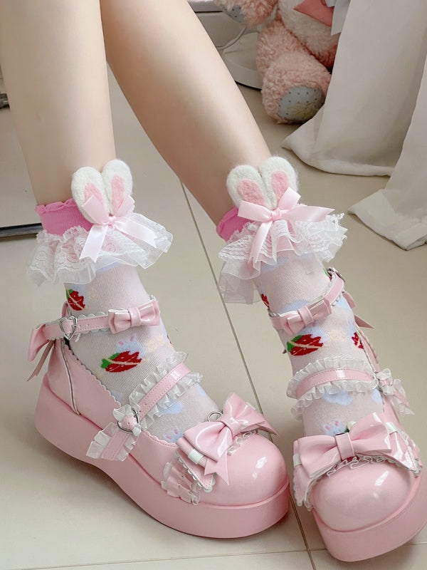 Sweet Lolita Strawberry-Print Socks with Bunny Ears and Lace Trim | CoyBunny