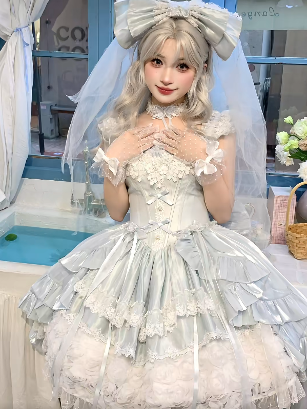 Hime Basque Flower Lace Layered Fluffy Lolita Dress Blooming with Blue Accents Waist | Sheer Ocean | CoyBunny