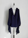 Lilac Lace-Up Ruffle Shirt with Black Flower Chains - Shi Zhi Mao | CoyBunny