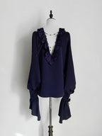 Lilac Lace-Up Ruffle Shirt with Black Flower Chains - Shi Zhi Mao | CoyBunny