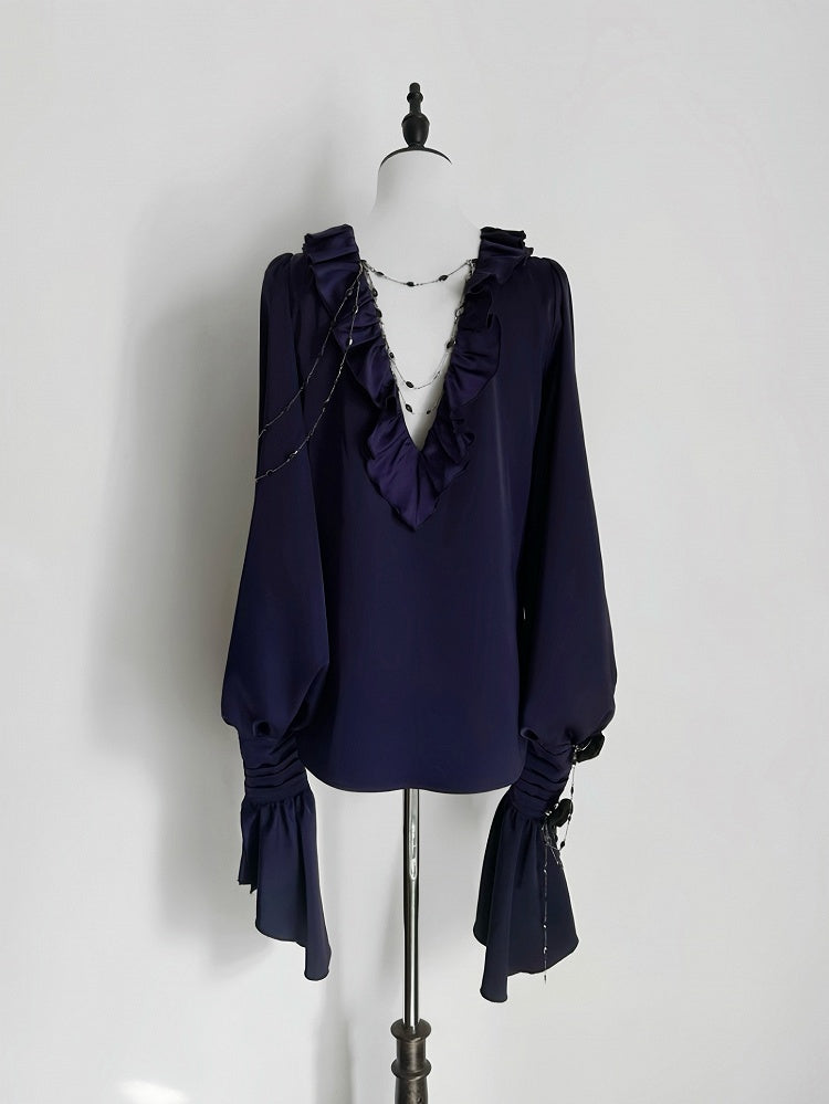 Lilac Lace-Up Ruffle Shirt with Black Flower Chains - Shi Zhi Mao | CoyBunny