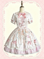 Sweet Lolita OP Dress Set with Puff Sleeves, Bear Print and Floral Embroidery - Treasure House | CoyBunny