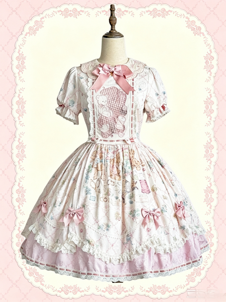 Sweet Lolita OP Dress Set with Puff Sleeves, Bear Print and Floral Embroidery - Treasure House | CoyBunny