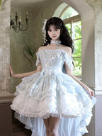 Hime Basque Flower Lace Layered Fluffy Lolita Dress Blooming with Blue Accents Waist | Sheer Ocean | CoyBunny