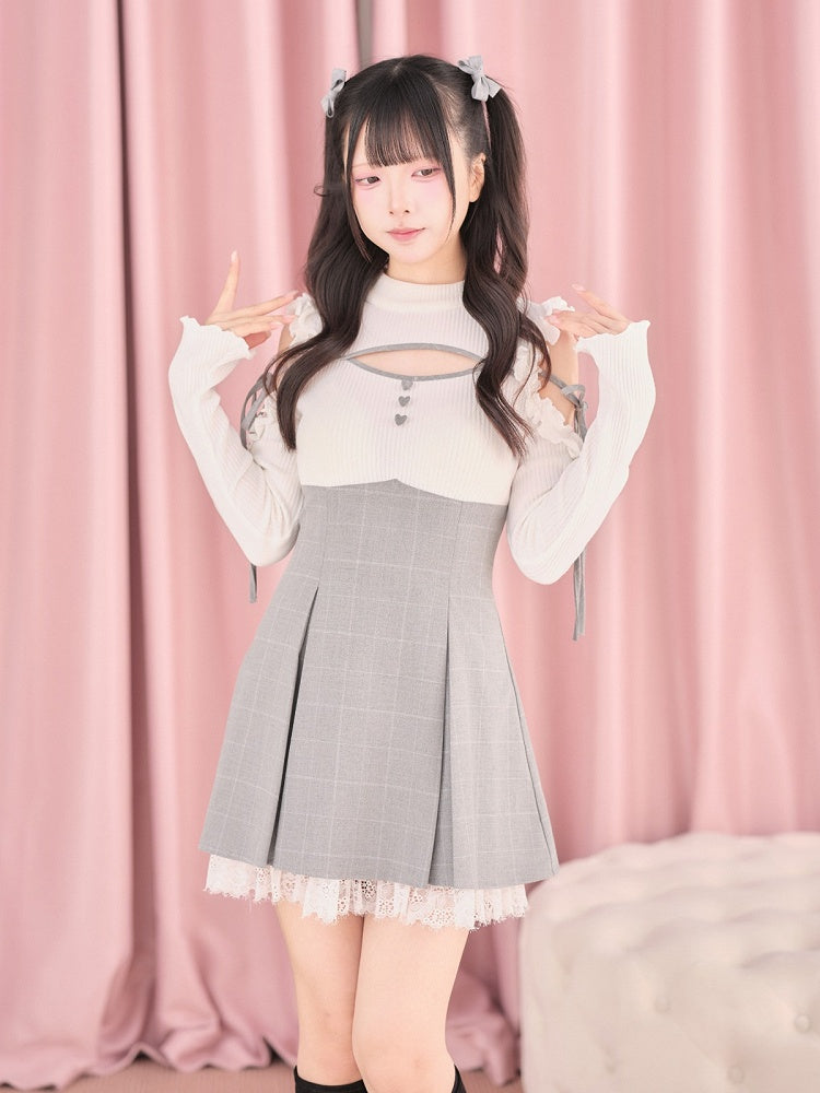 White Cut-Out Shoulder Knit Plaid Dress with Lace Trim - No Genki | CoyBunny