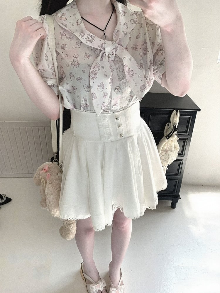 Bunny Ear Bow Collar Blouse, Short Sleeve, Pink & White Print - Kitty Bxllet | CoyBunny