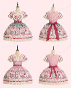 Pink & Green Alice Cat Vibes Heart-shaped Patch Sweet Lolita Dress with Apron Belt - Mewroco | CoyBunny
