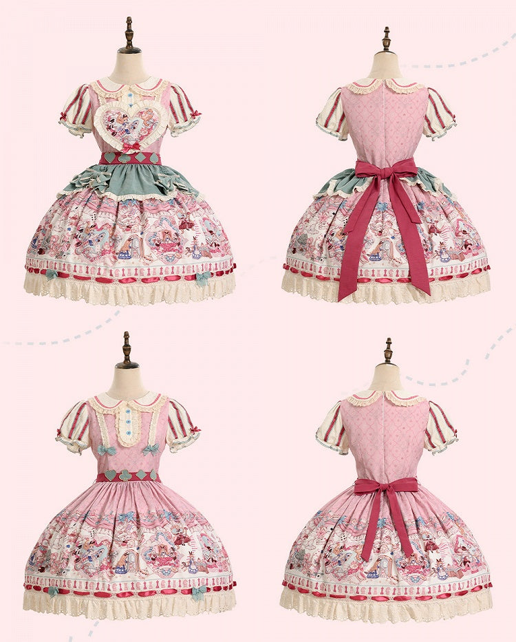 Pink & Green Alice Cat Vibes Heart-shaped Patch Sweet Lolita Dress with Apron Belt - Mewroco | CoyBunny