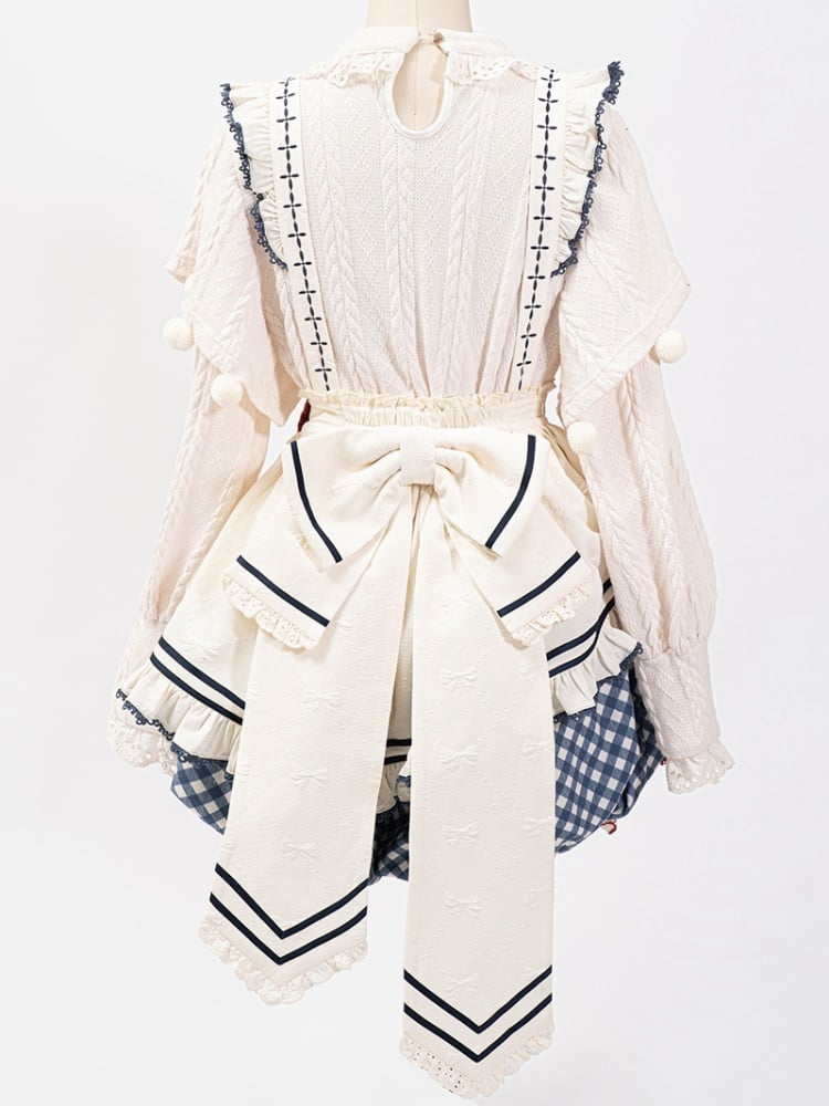 White Long-Sleeve Knitted Top Apron Blue Plaid Print Bloomer Shorts Sweet Lolita Full Set | CoyBunny