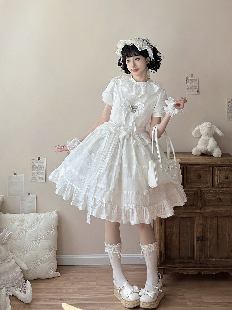 Ivory Checkered Puff Sleeve Lolita One-Piece Dress | CoyBunny