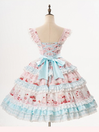 Blue Cherry Cake Print Sweet Lolita Dress with Bow Details - Strawberry Fantasy | CoyBunny