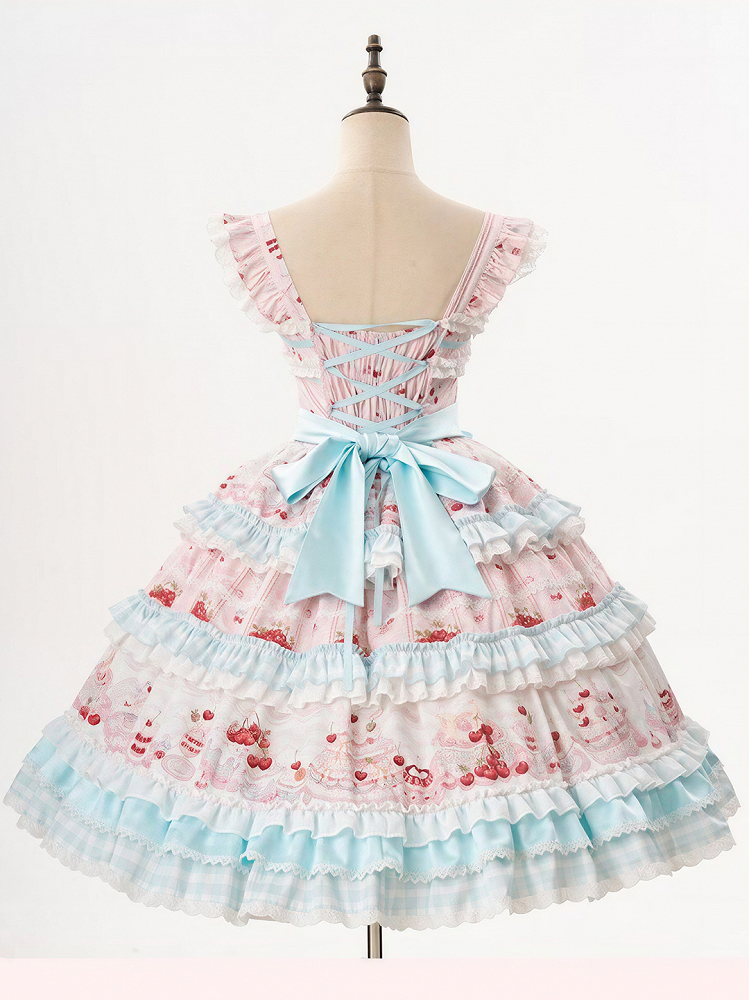 Blue Cherry Cake Print Sweet Lolita Dress with Bow Details - Strawberry Fantasy | CoyBunny