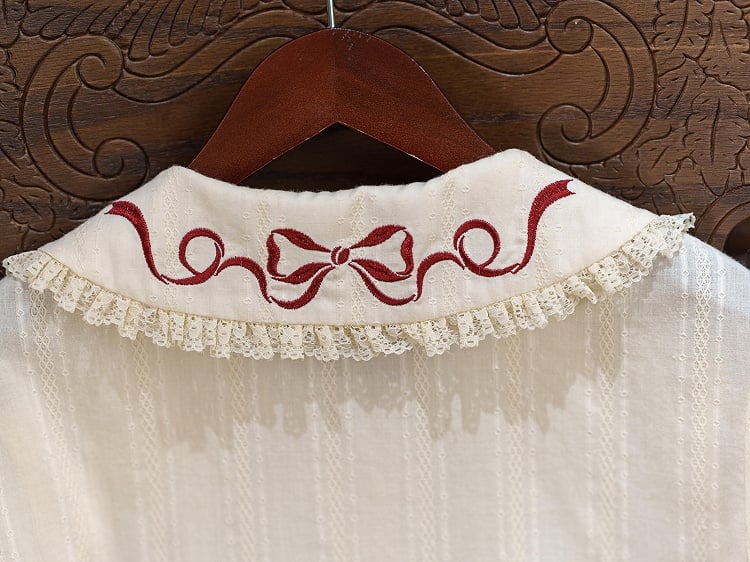 Cream Short Sleeve Lolita Blouse with Red Strawberry Embroidery Collar - Dream Magic Box | CoyBunny