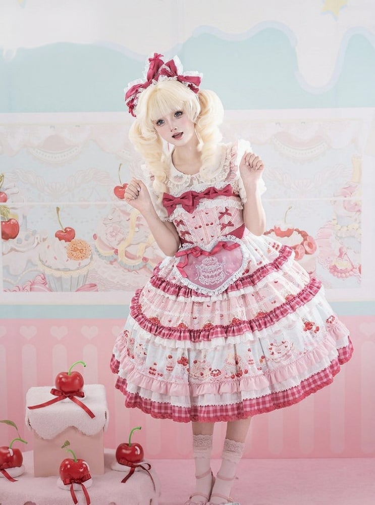 Pink Cherry Cake Print Sweet Lolita Dress with Layered Ruffles - Strawberry Fantasy | CoyBunny