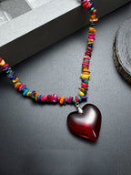 Y2K Multicolor Necklace with Red Heart Pendant - YSHXS | CoyBunny