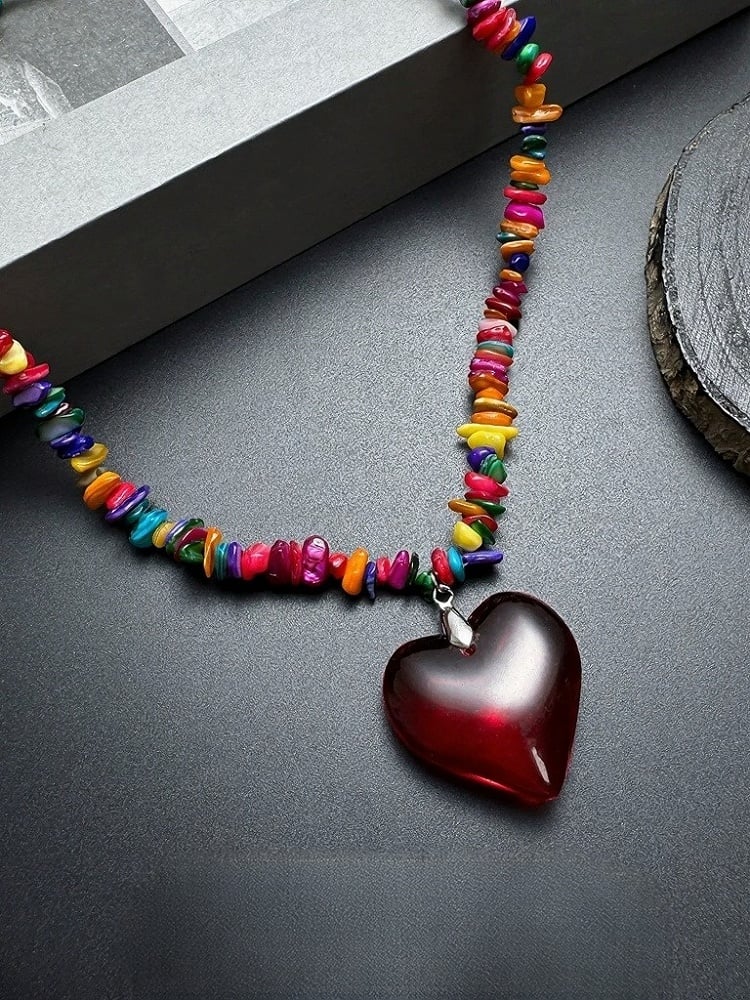 Y2K Multicolor Necklace with Red Heart Pendant - YSHXS | CoyBunny