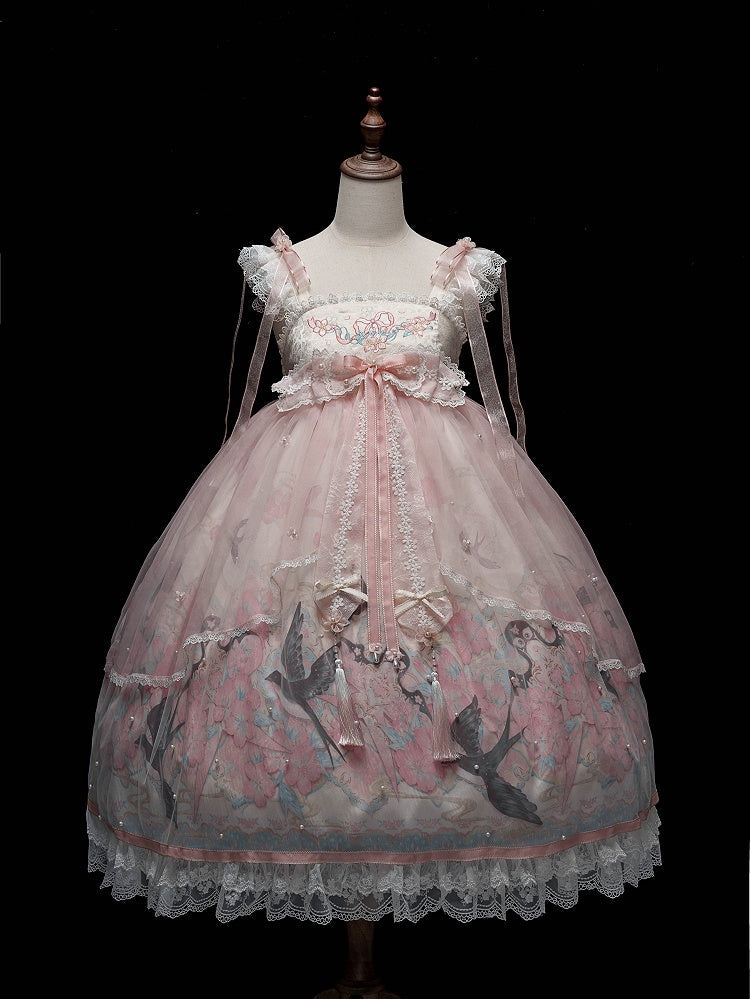 Peach Blossom Print Pink Empire Waist Chinoiserie Lolita Dress with Beaded Sheer Overlay - Dream Magic Box | CoyBunny