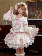 Beige & Pink Low Waist Dollcore Lolita OP Dress with Cat Print & Ribbon - Mirror Ragdoll | CoyBunny