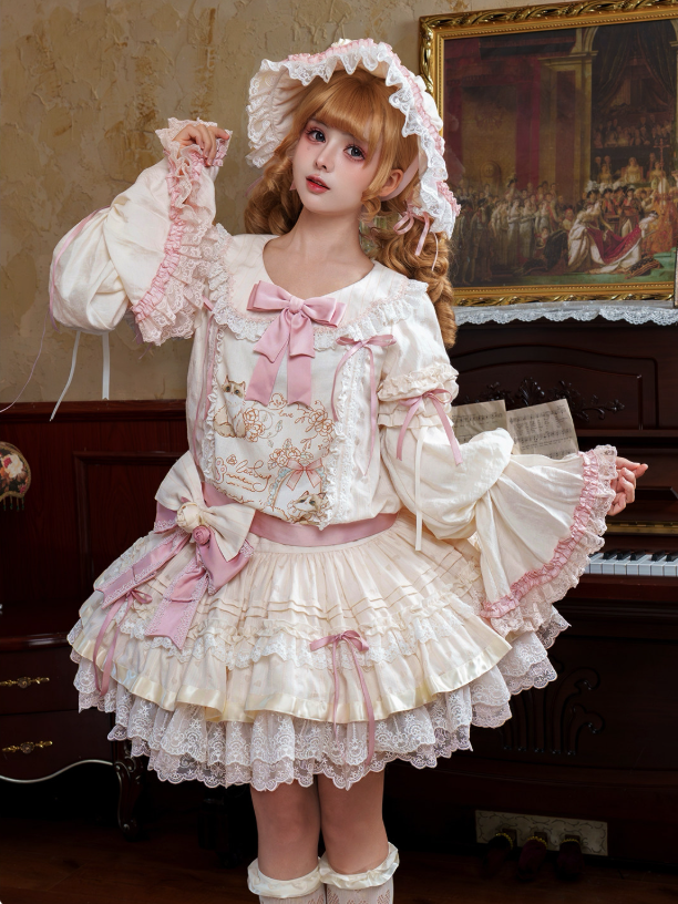Beige & Pink Low Waist Dollcore Lolita OP Dress with Cat Print & Ribbon - Mirror Ragdoll | CoyBunny