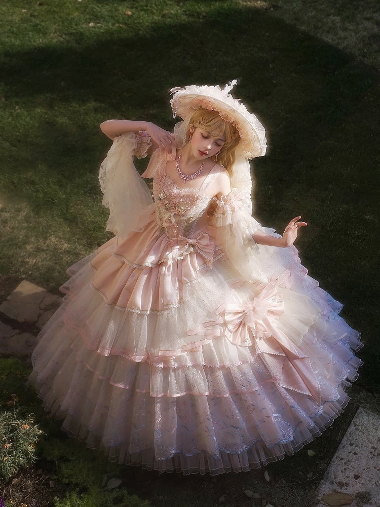 Hanayome Pink Corset Waist Hime Lolita Floor Length Dress Long Version with Floral Embroidery Layered Hem | Lukemi | CoyBunny