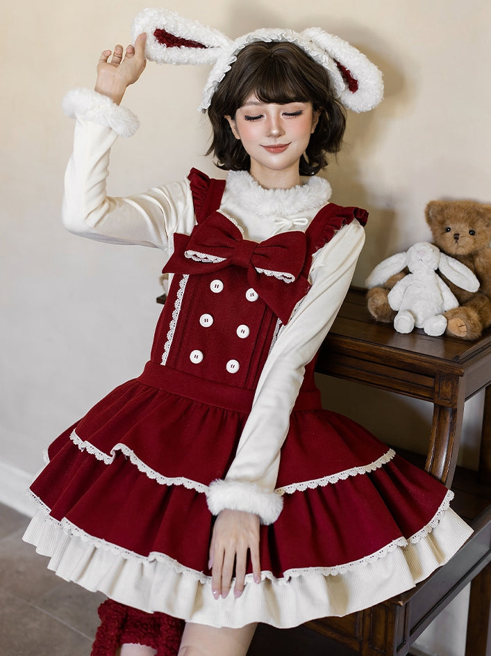 Sweet Winter Lolita Tiered Overall Dress in Red with Bunny Ear Hairband - With PUJI | CoyBunny