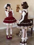 Sweet Lolita Overall Dress in Coffee with Dropped Waist Bow and Tiered Hem - With PUJI | CoyBunny