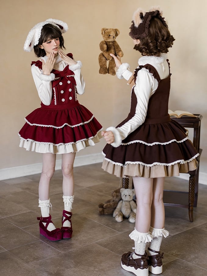 Sweet Lolita Overall Dress in Coffee with Dropped Waist Bow and Tiered Hem - With PUJI | CoyBunny