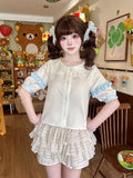 Beige Sweet Lolita Blouse with Blue Ruffle Trim - Sweetheart Dream | CoyBunny