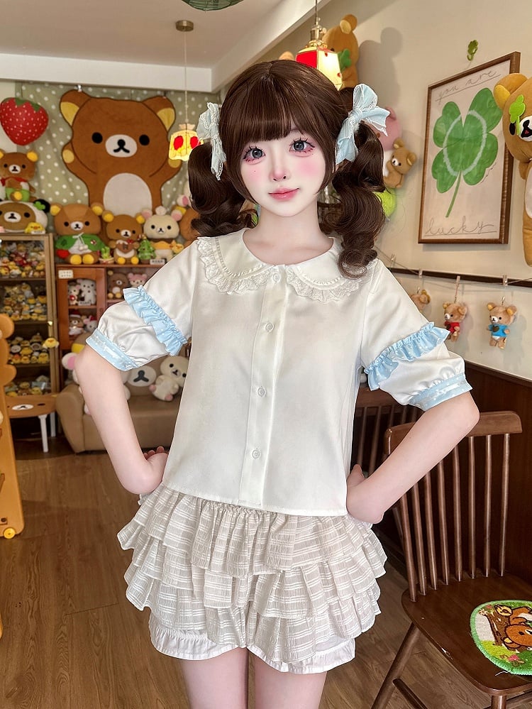 Beige Sweet Lolita Blouse with Blue Ruffle Trim - Sweetheart Dream | CoyBunny