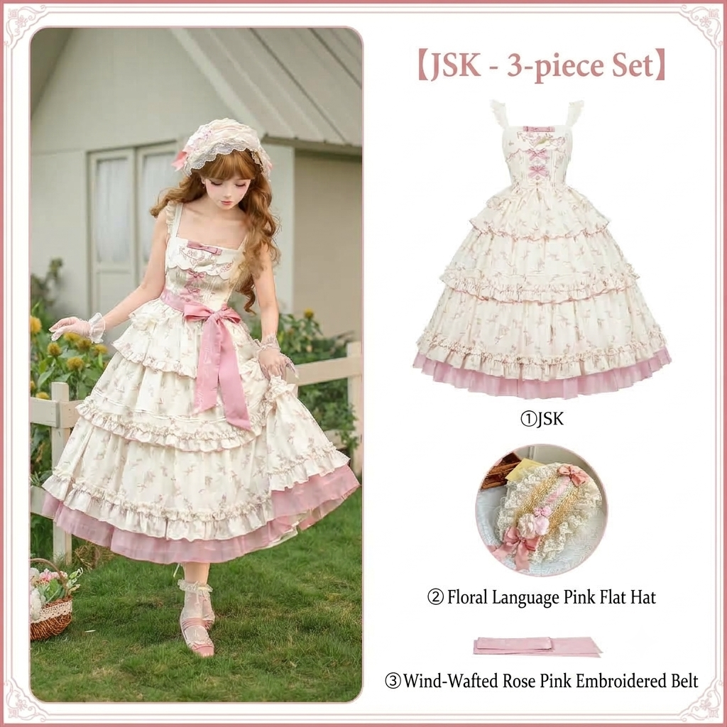 Embroidered Lolita JSK Set with Pink Flat Hat & Belt