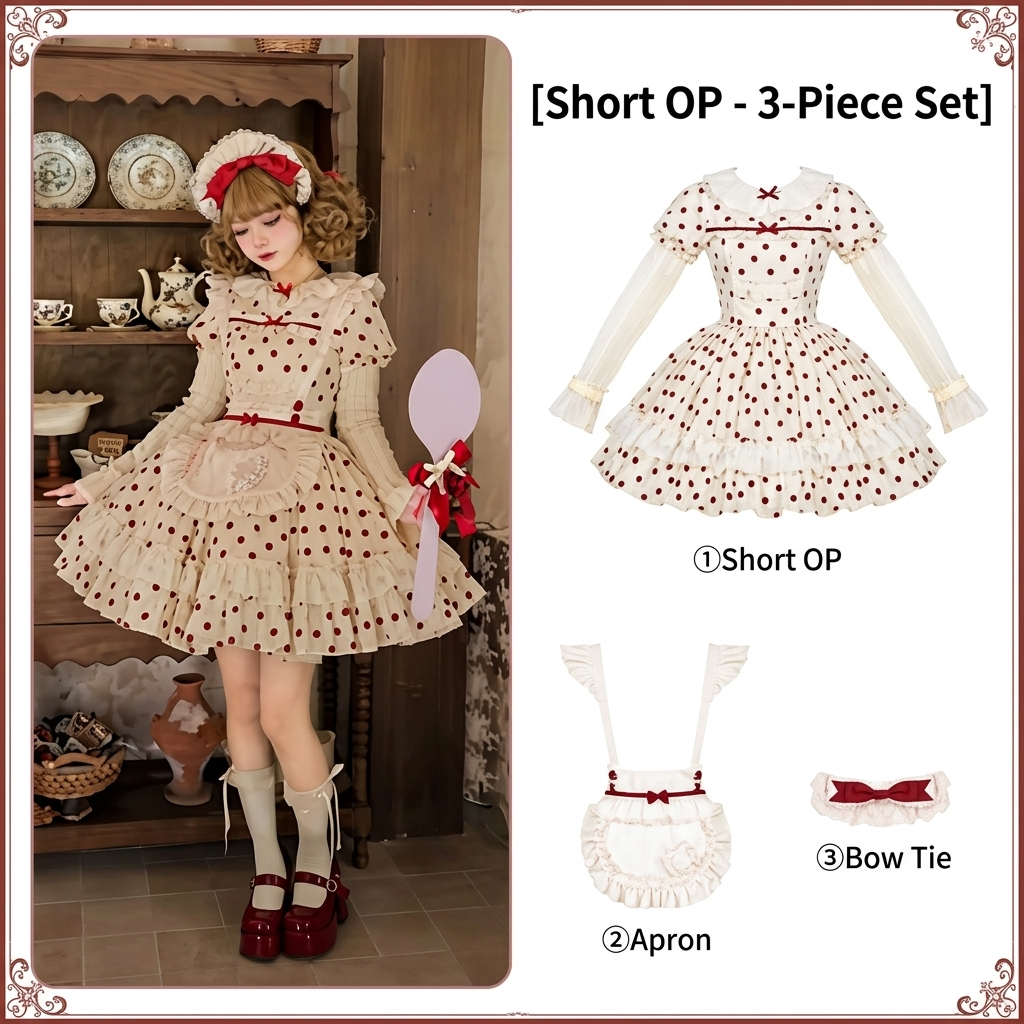 Short Doll Lolita Cotton Print OP Set with Apron & BNT