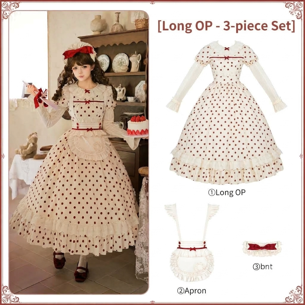 Long Doll Lolita Cotton Print OP Set with Apron & BNT