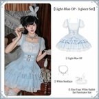 Light Blue Square Neck Halter Lolita OP Set with Necklace & Bunny Hat
