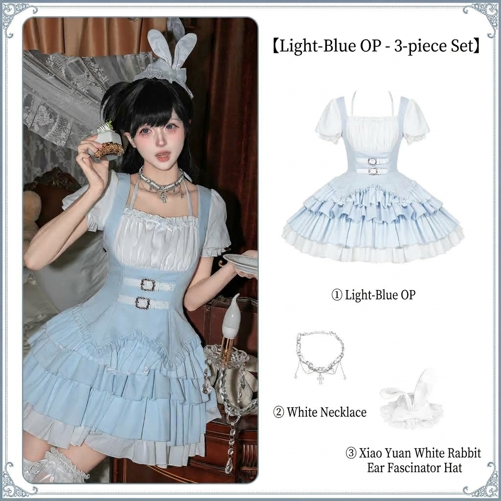 Light Blue Square Neck Halter Lolita OP Set with Necklace & Bunny Hat
