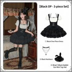 Black Square Neck Halter Lolita OP Set with Necklace & Bunny Hat