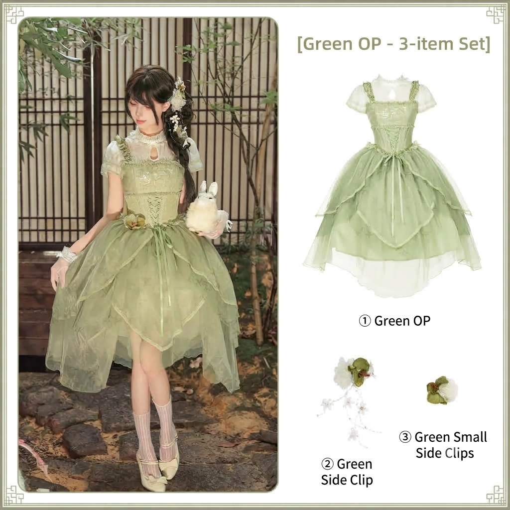 Green Chinese Style Lolita Petal Hem Print OP with Lift-Up Skirt