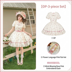 Embroidered Lolita OP Set with Pink Flat Hat & Belt