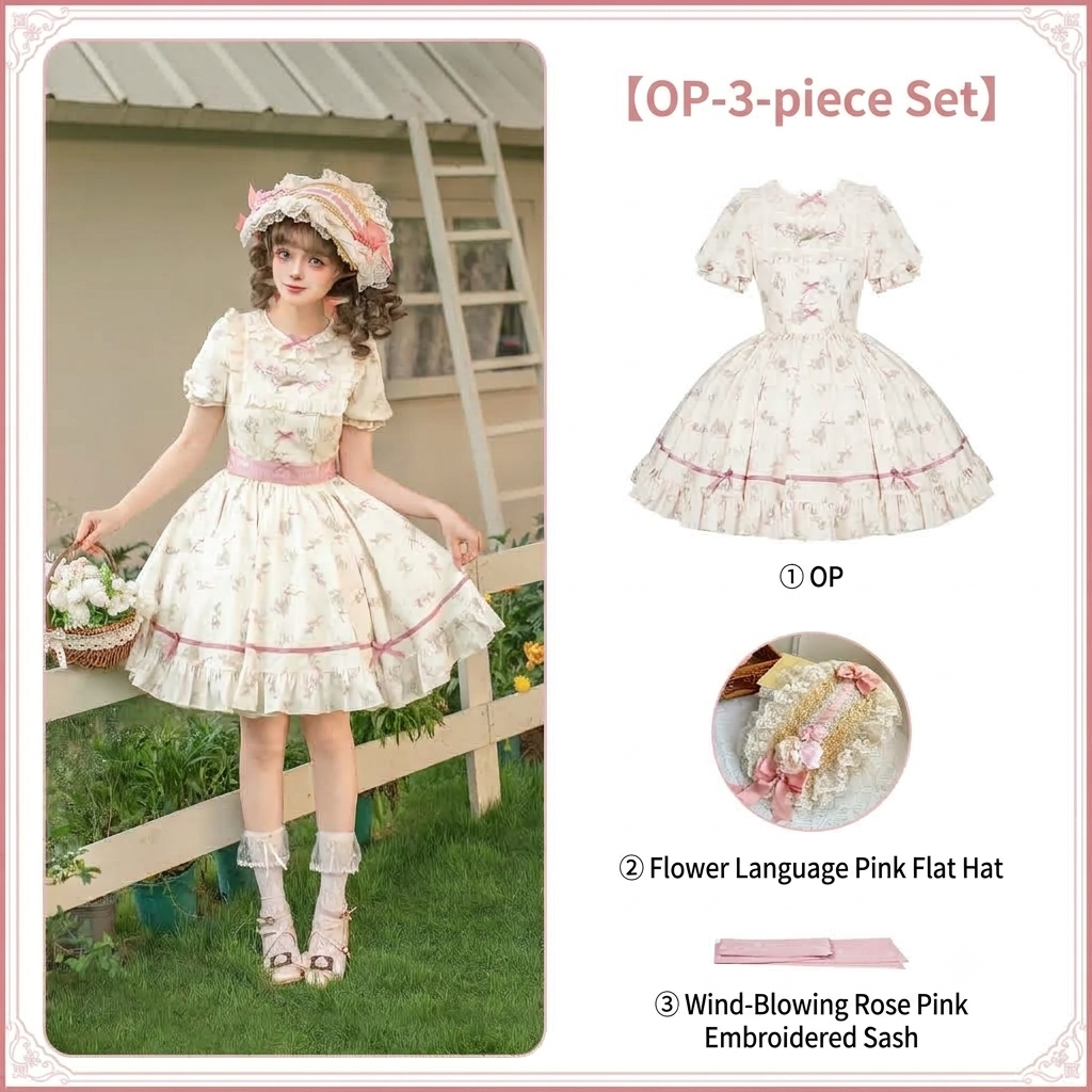 Embroidered Lolita OP Set with Pink Flat Hat & Belt