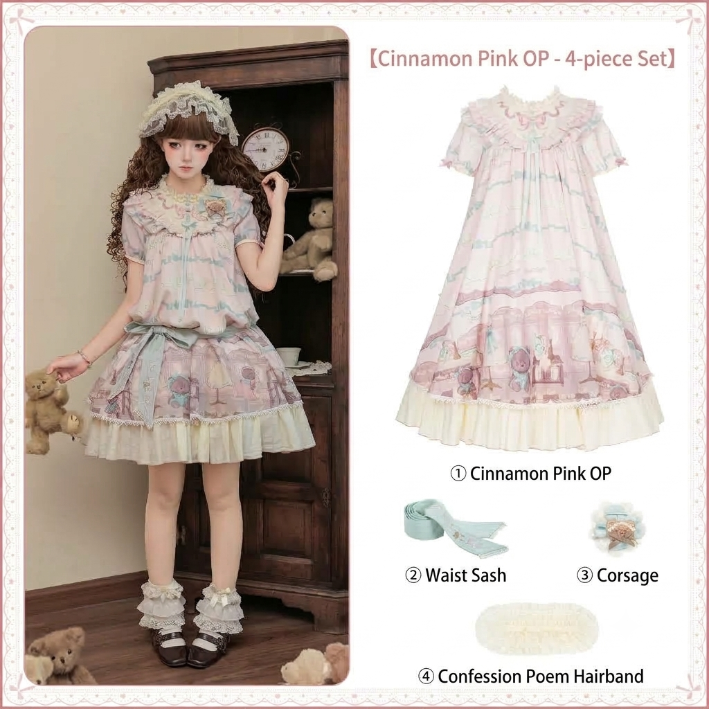 Cinnamon Pink Doll Lolita Bear Print OP Set with Bonus Accessories