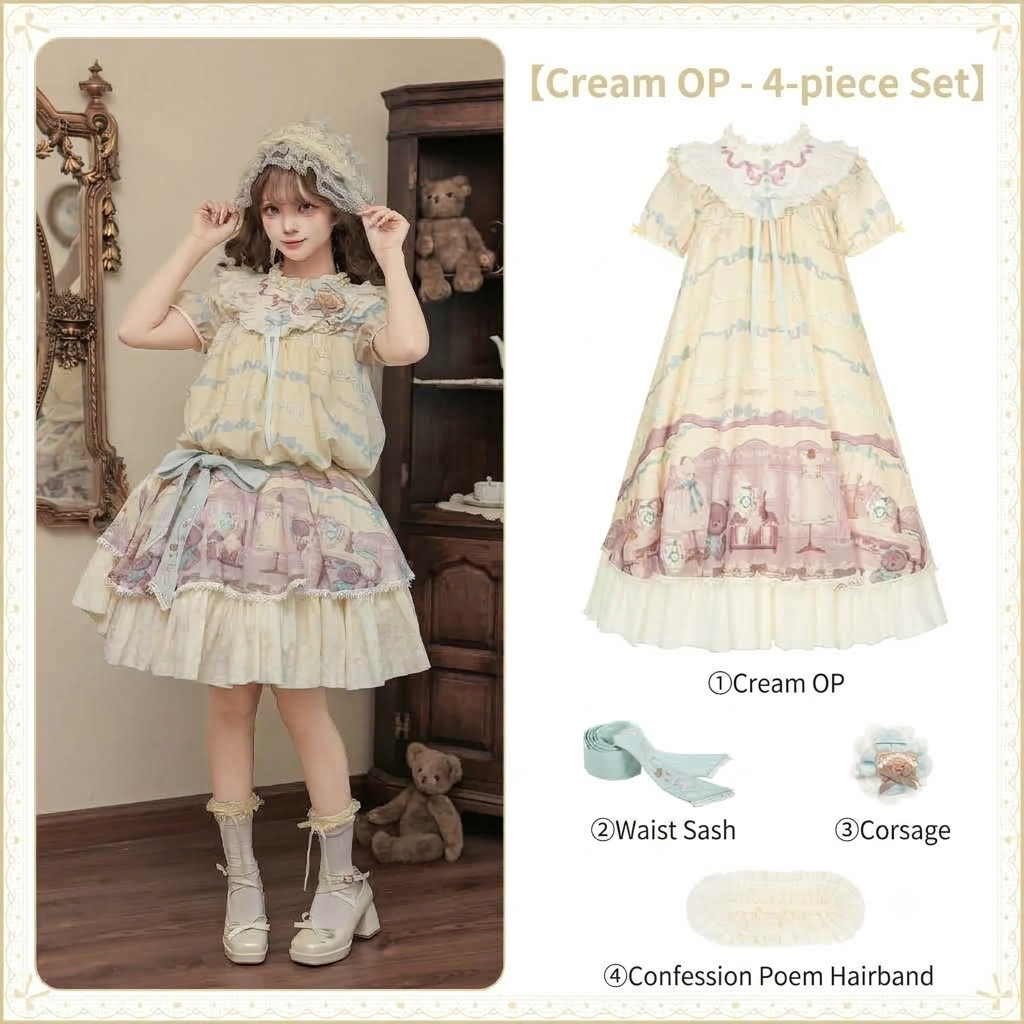 Pale Yellow Doll Lolita Bear Print OP Set with Bonus Accessories