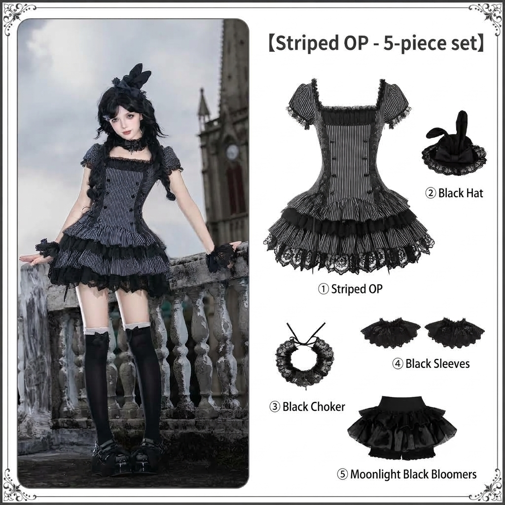 Striped Sweet Lolita Puff Skirt OP Set with Top Hat & Sleeves