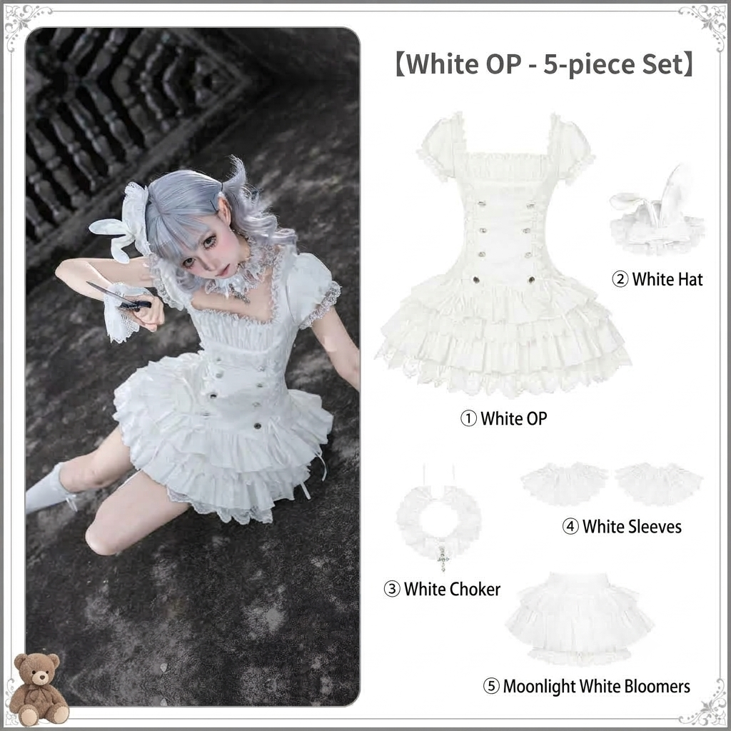 White Sweet Lolita Puff Skirt OP Set with Top Hat & Sleeves