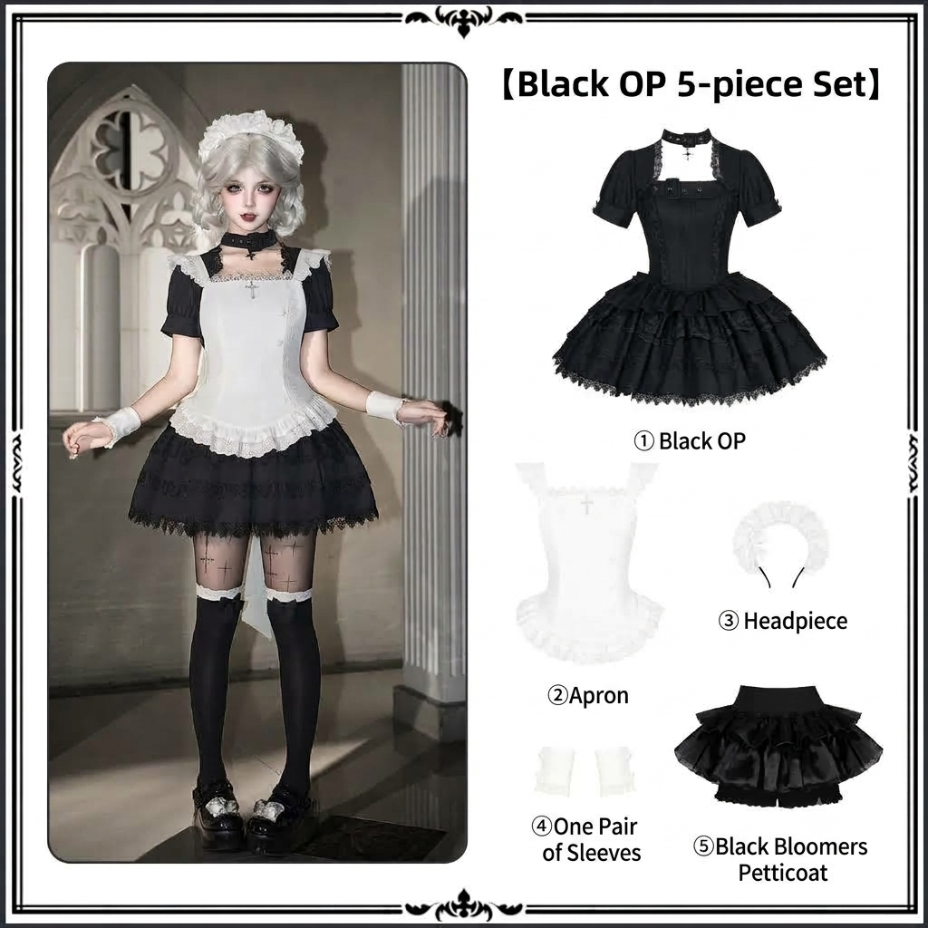 Black Vintage Sweet Lolita Ultra Short OP Set with Apron
