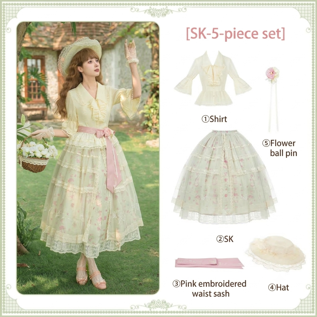 Petal Hem Lolita Shirt & SK Set with Belt & Hat