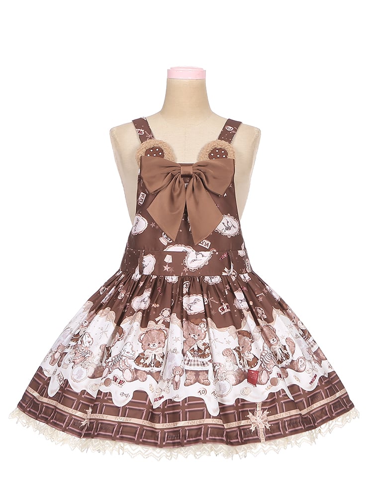 Coffee Teddy Bear Sweet Lolita JSK - Chocolate Print with Lace & Big Bow | CoyBunny