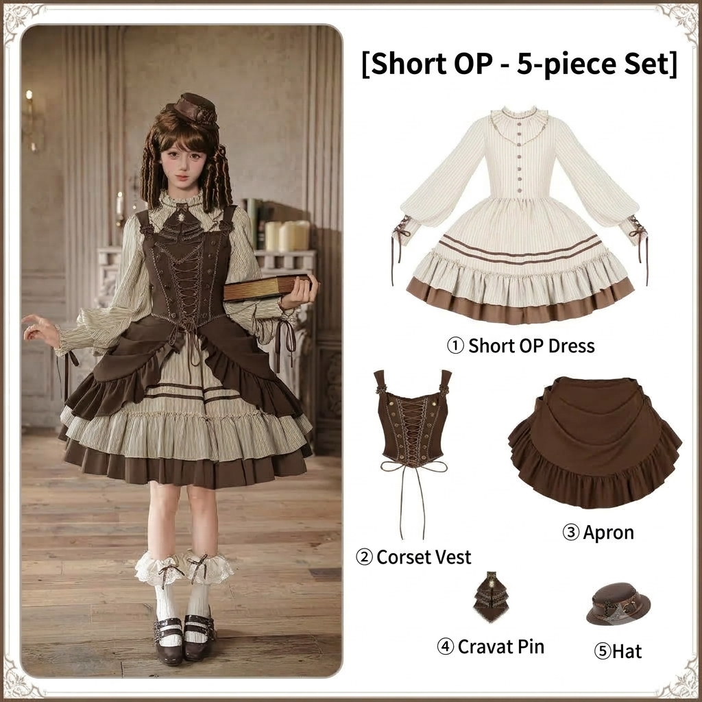 Short Ruffle Lolita OP Set with Corset, Drape & Brooch