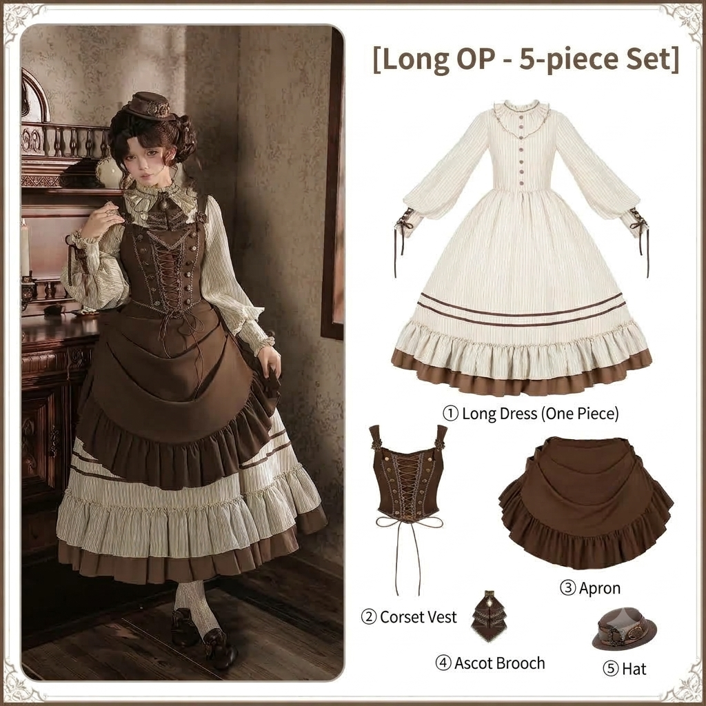 Long Ruffle Lolita OP Set with Corset, Drape & Brooch